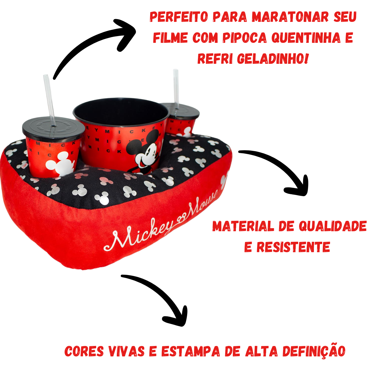 Kit Almofada Porta Pipoca Balde e Copos Mickey Mouse Disney