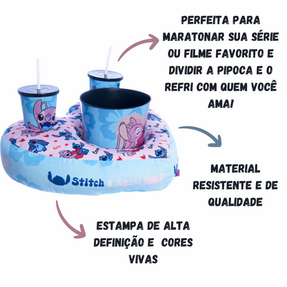 Kit Almofada Porta Pipoca Balde e Copos e Almofada Formato Coração Stitch e Angel