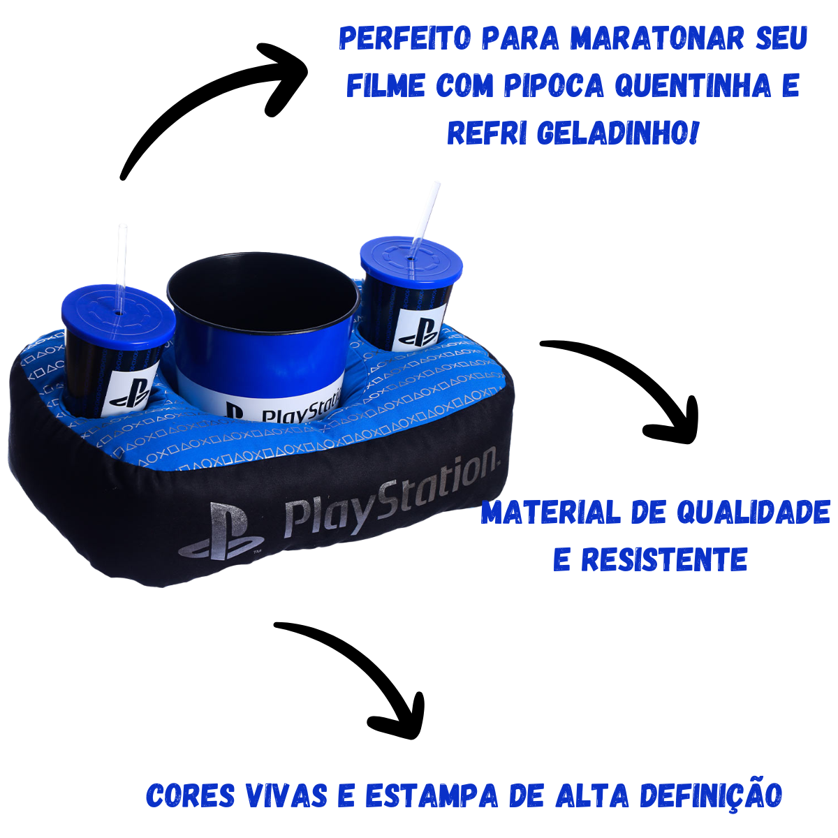 Kit Almofada Porta Pipoca Balde e Copos Playstation Video Game