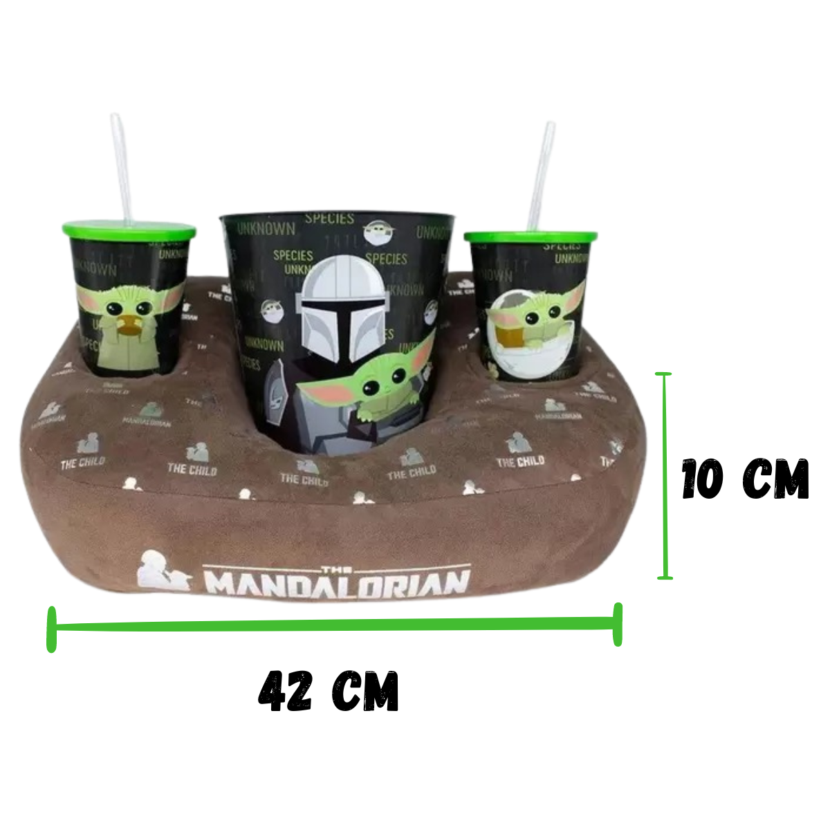 Kit Almofada Porta Pipoca Balde e Copos Mandalorian e Almofada Baby Yoda Star Wars