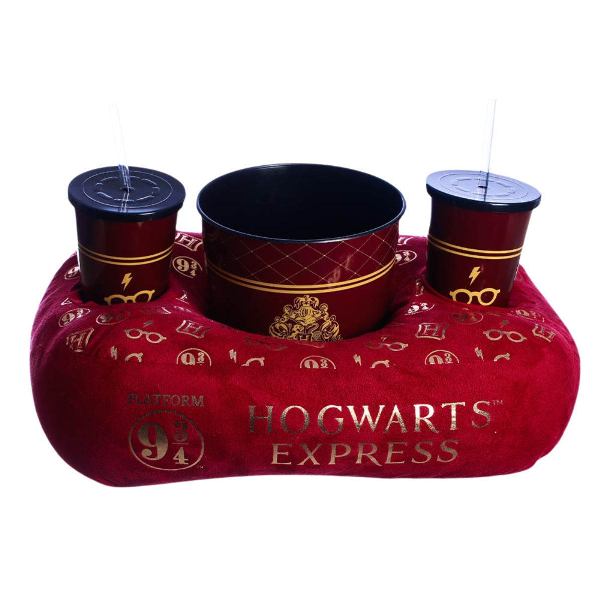 Kit Almofada Porta Pipoca Balde e Copos Plataforma 9 3/4 Harry Potter HP