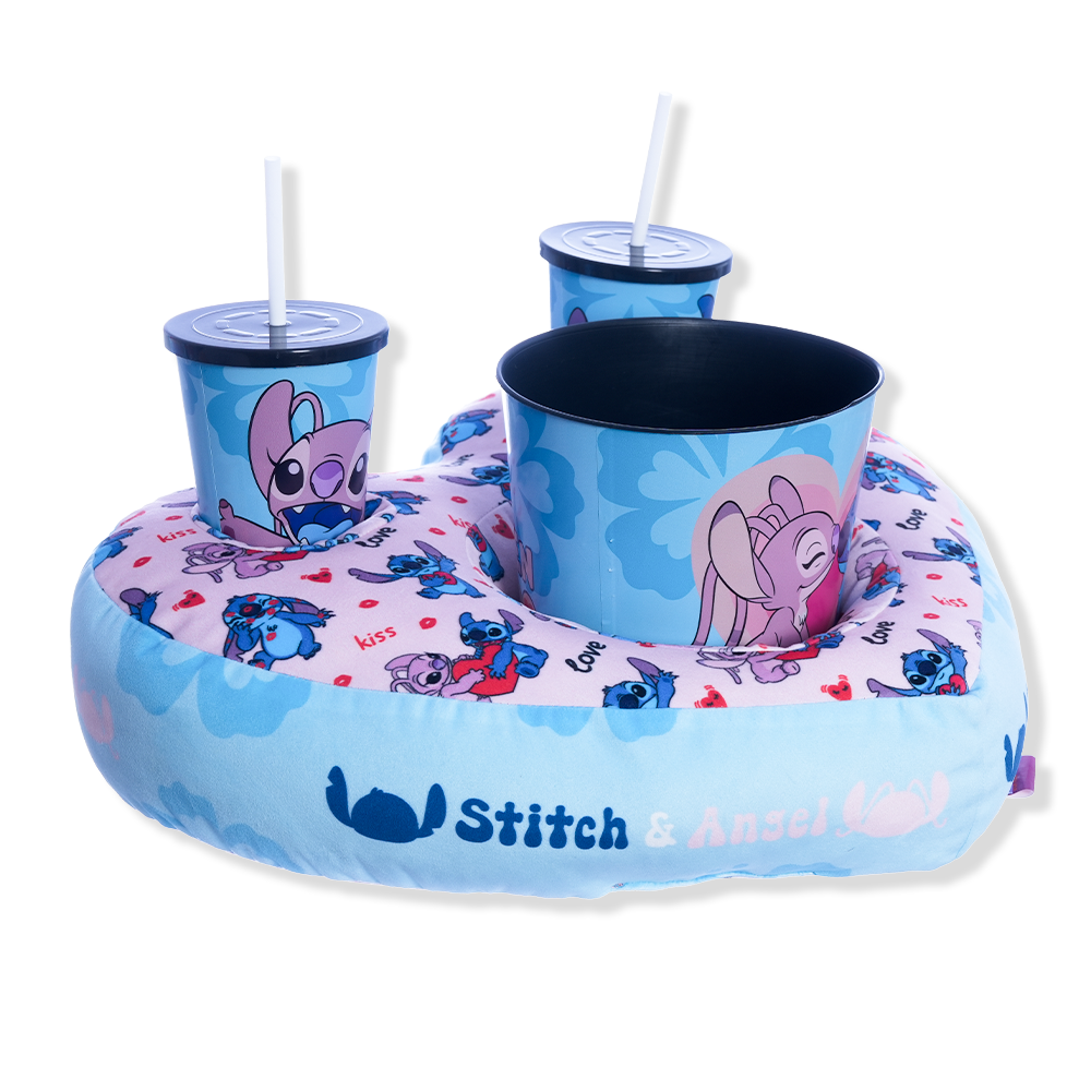 Kit Almofada Porta Pipoca Balde e Copos e Almofada Formato Coração Stitch e Angel