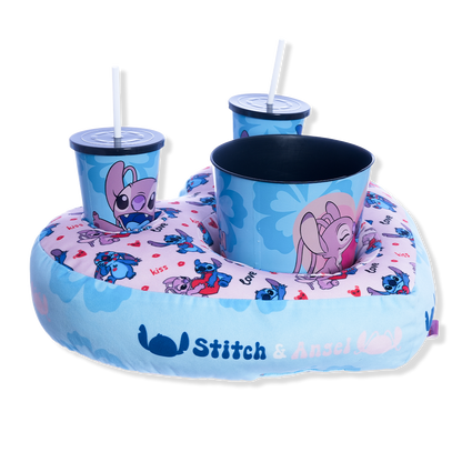 Kit Almofada Porta Pipoca Balde e Copos e Almofada Formato Coração Stitch e Angel