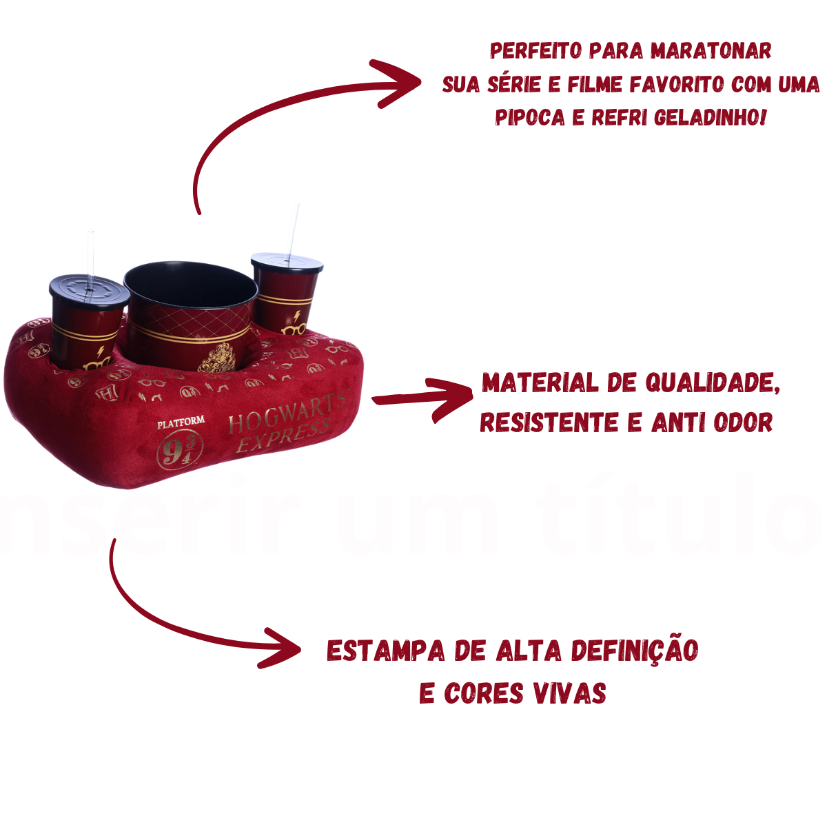 Kit Almofada Porta Pipoca Balde e Copos Plataforma 9 3/4 Harry Potter HP
