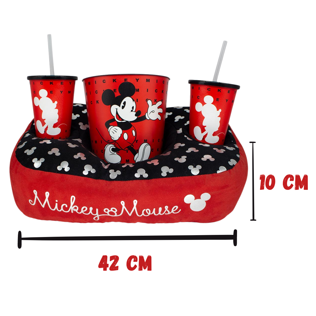 Kit Almofada Porta Pipoca Balde e Copos Mickey Mouse Disney