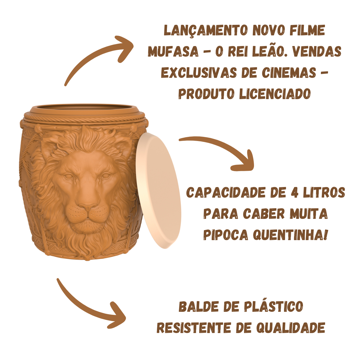 Balde Pipoca Mufasa Rei Leão 3D Tambor Novo Filme