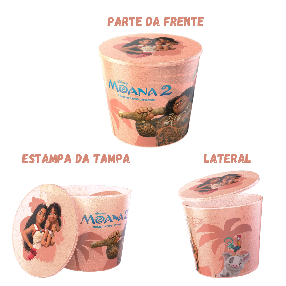 Kit Balde Pipoca 4L + Copo 550ml Moana 2 Glitter Lançamento 2024