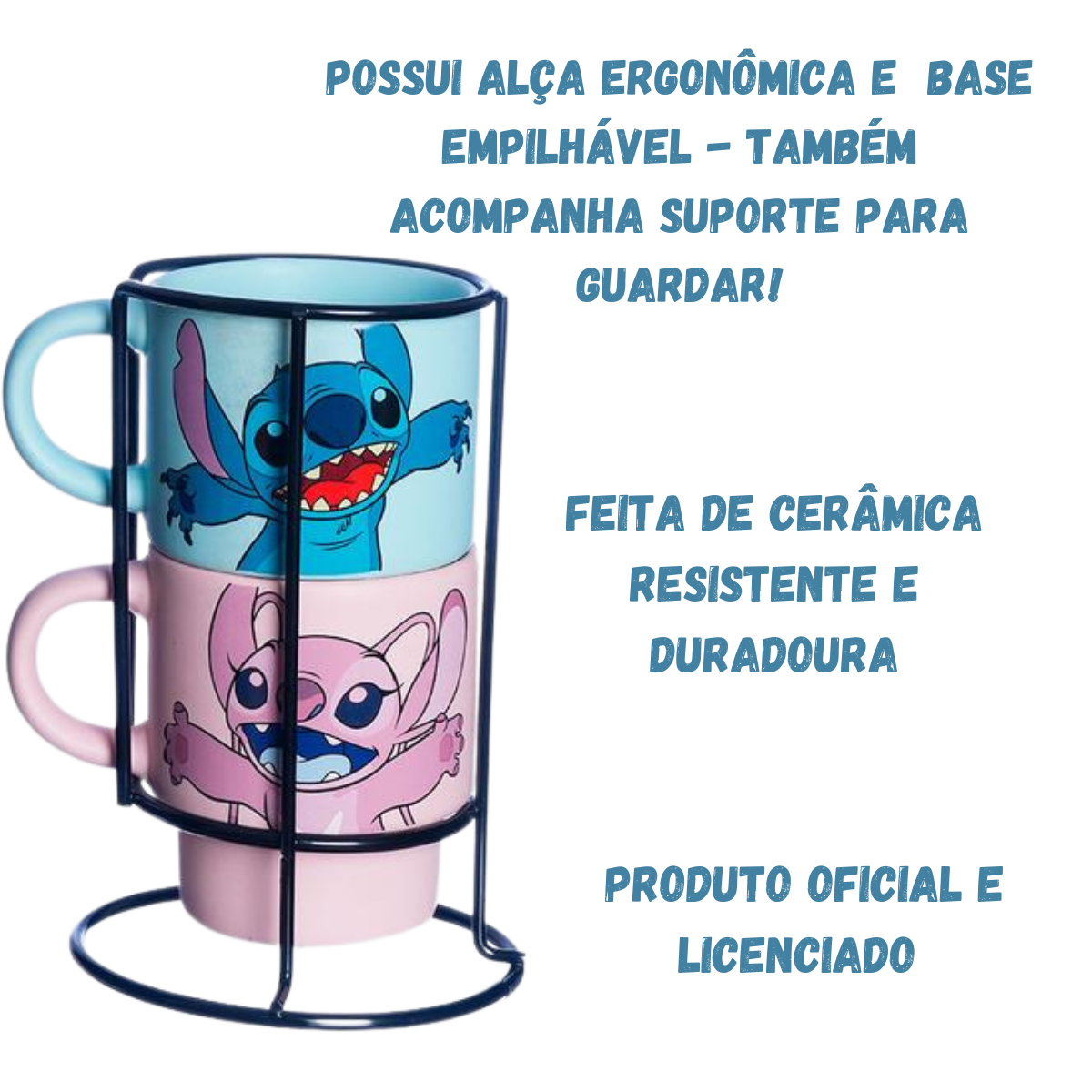Kit 2 Canecas Stitch e Angel Empilháveis com Suporte 180ml