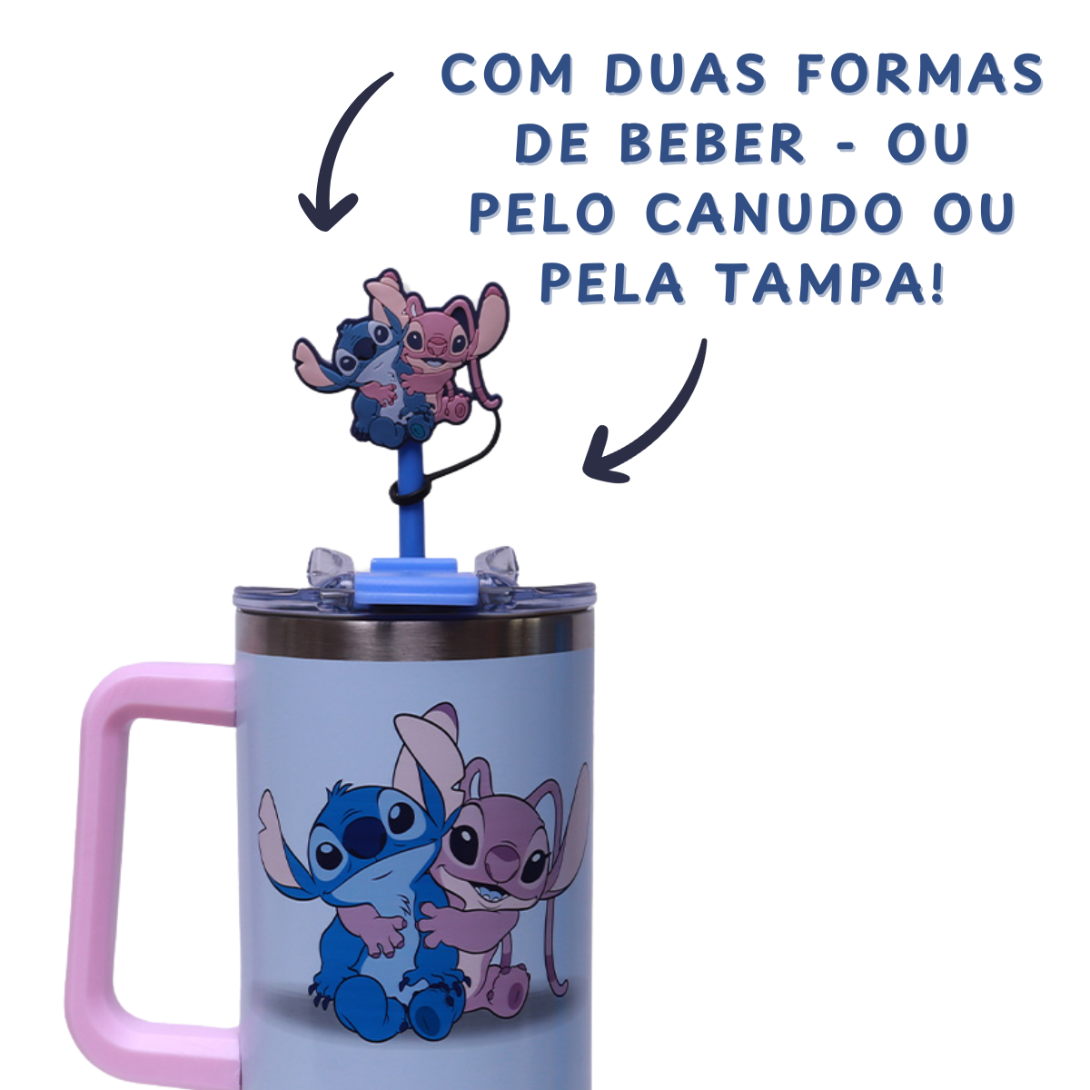 Copo Térmico Stitch e Angel 1,15L – Aço Inox com Canudo e Tampa + Brinde Especial