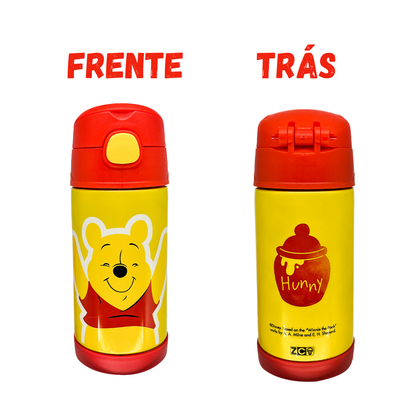 Garrafa Térmica Ursinho Pooh 300ml Aço Inox com Canudo de Silicone e Tampa com Trava