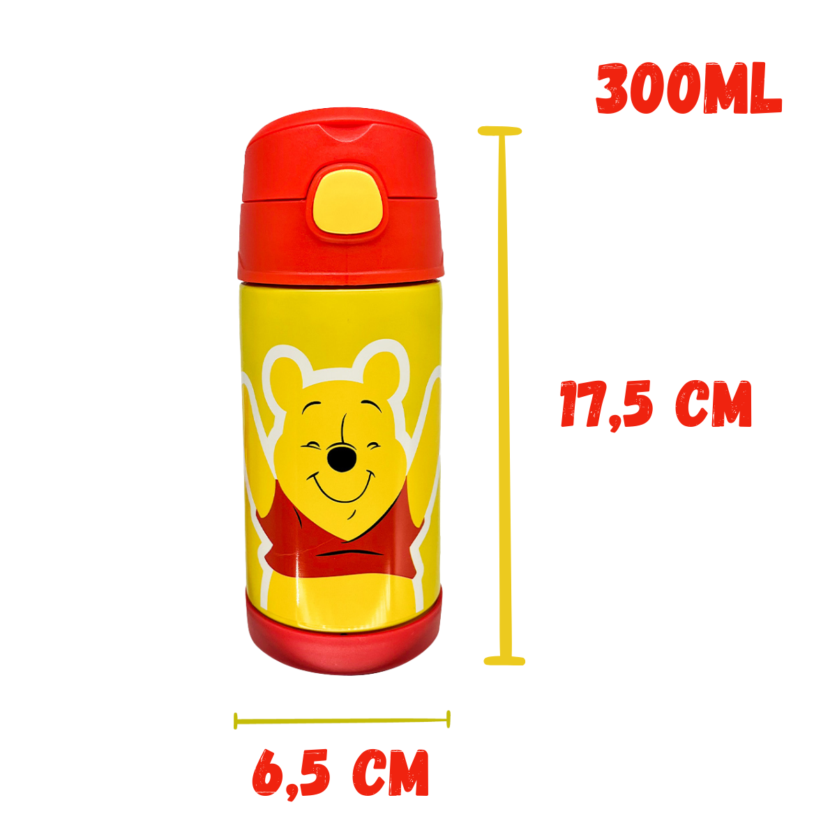 Garrafa Térmica Ursinho Pooh 300ml Aço Inox com Canudo de Silicone e Tampa com Trava