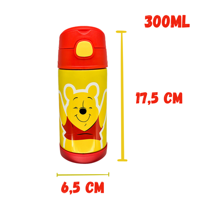 Garrafa Térmica Ursinho Pooh 300ml Aço Inox com Canudo de Silicone e Tampa com Trava