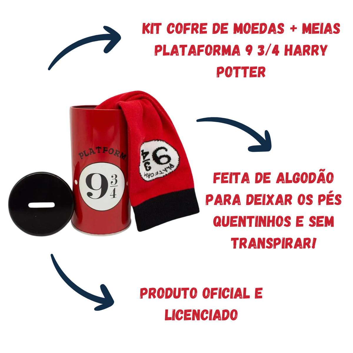 Kit Meia Cano Longo Plataforma 9 3/4 Harry Potter com Cofre de Moedas