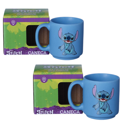 Kit Mini Xícaras Stitch Feliz 2 Unidades Cerâmica 100ml