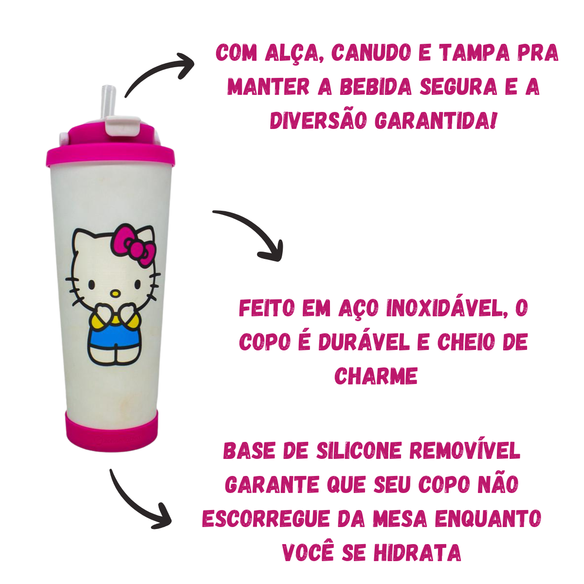 Copo Térmico Hello Kitty 850ml Inox com Canudo e Base Antiderrapante – Mantém Gelado até 8h + Brinde