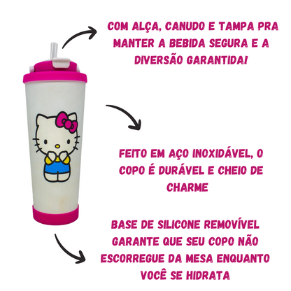 Copo Térmico Hello Kitty 850ml Inox com Canudo e Base Antiderrapante – Mantém Gelado até 8h + Brinde