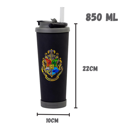 Copo Harry Potter Hogwarts 850ml em Aço Inox com Canudo, Base Antiderrapante e Brinde Exclusivo