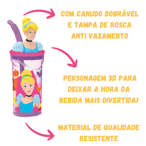 Copo Cinderela Princesas Com Canudo Tampa Antivazamento 360ml