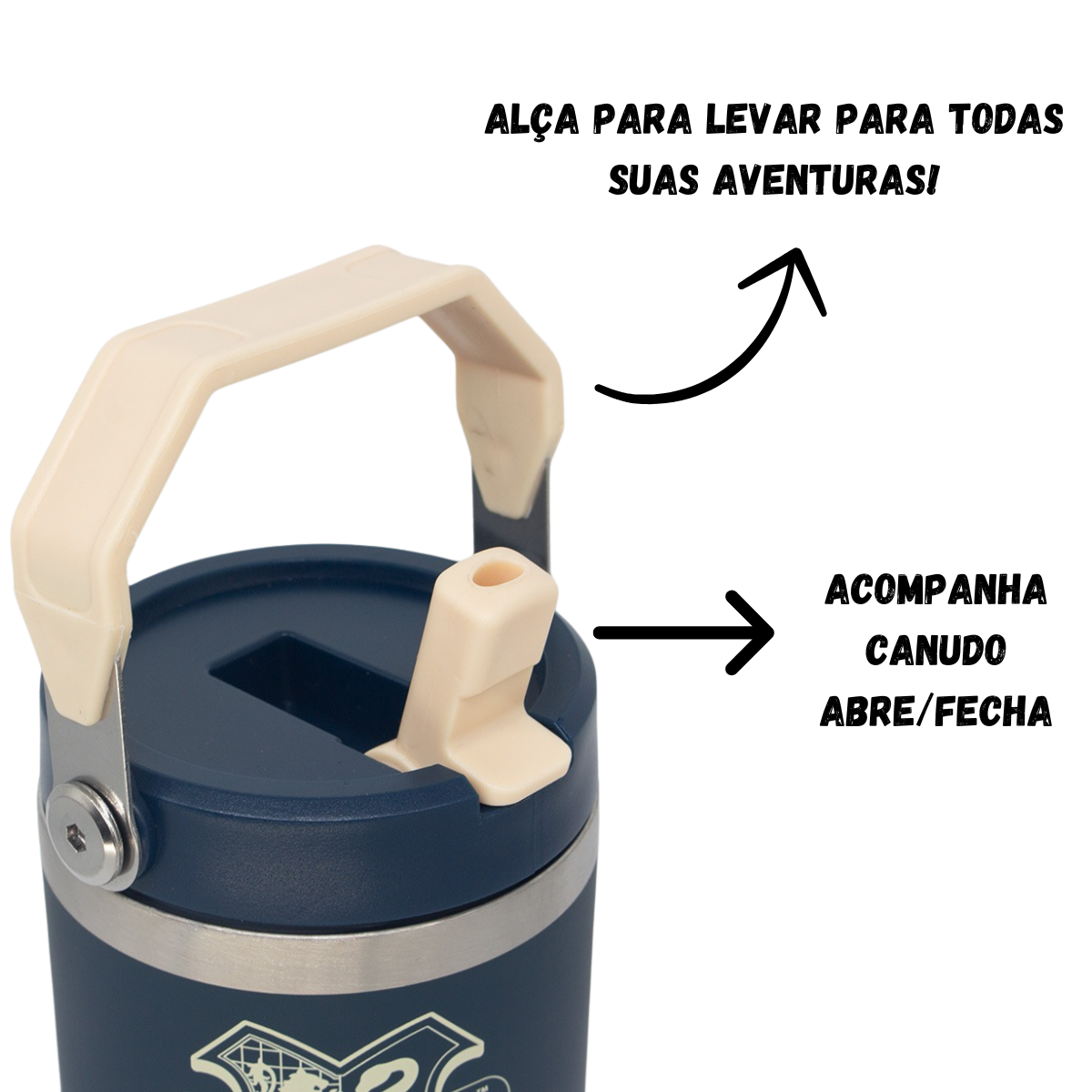 Copo Térmico Harry Potter Hogwarts com Tampa Alça e Canudo 650ml