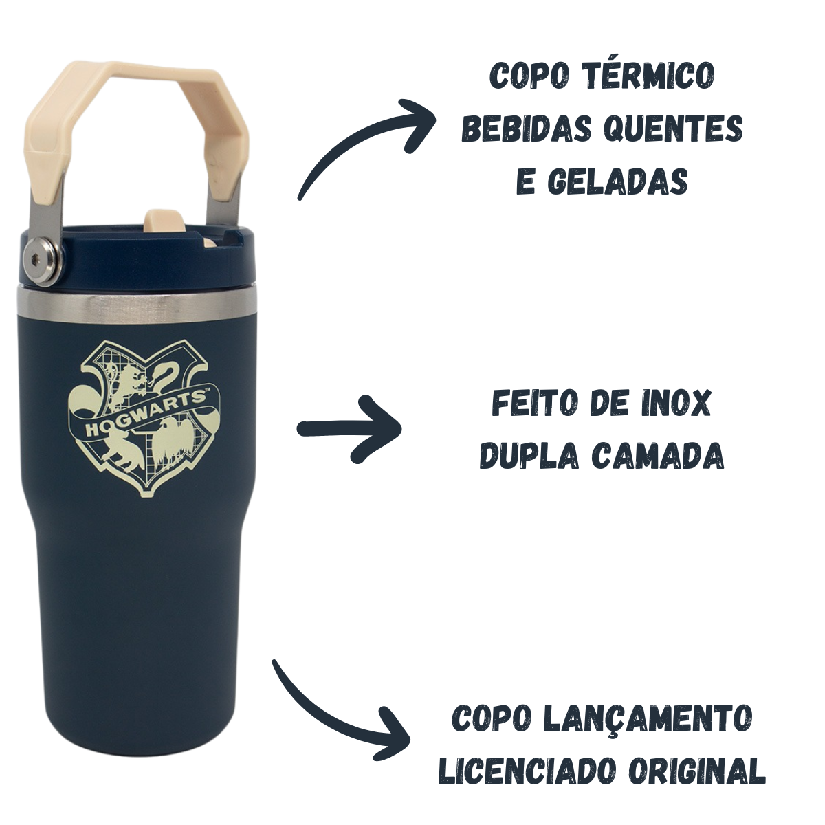 Copo Térmico Harry Potter Hogwarts com Tampa Alça e Canudo 650ml