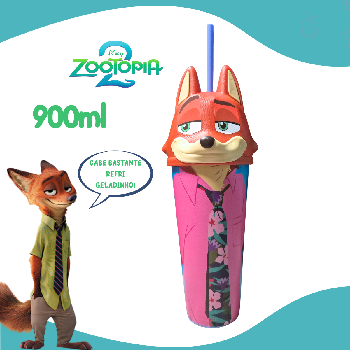 Copo Zootopia 2 Nick Wilde Raposa Formato Cinema 2025 900ml