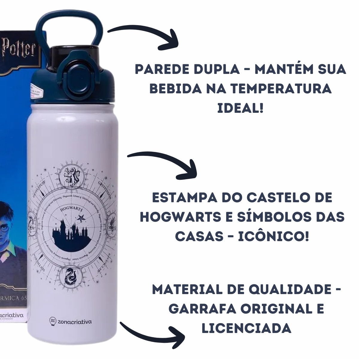 Garrafa Térmica Harry Potter Castelo 650ml Tampa Click e Canudo – Oficial Hogwarts + Brinde