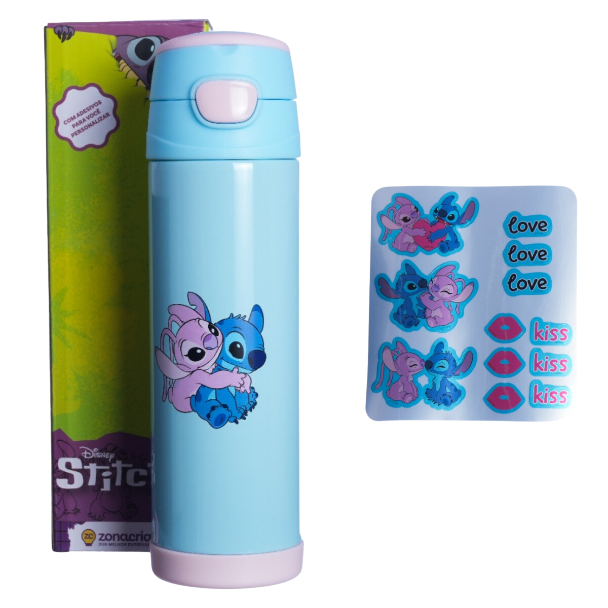 Garrafa Top Handle Namorados Stitch com Adesivos Personalizável 500ml