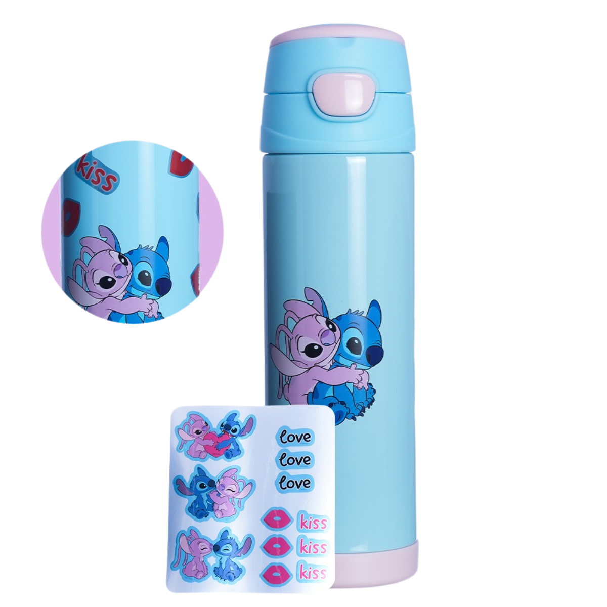 Garrafa Top Handle Namorados Stitch com Adesivos Personalizável 500ml