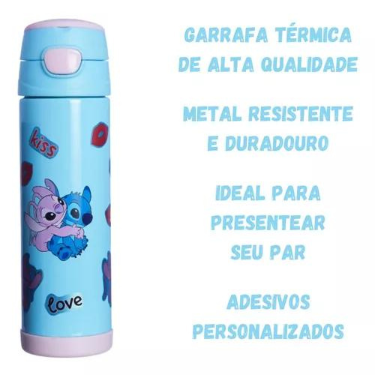 Garrafa Top Handle Namorados Stitch com Adesivos Personalizável 500ml