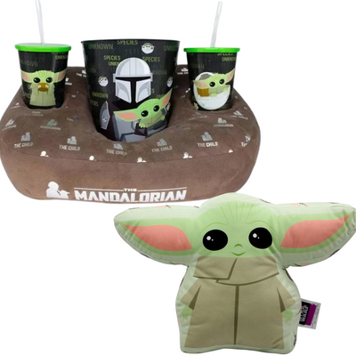 Kit Almofada Porta Pipoca Balde e Copos Mandalorian e Almofada Baby Yoda Star Wars