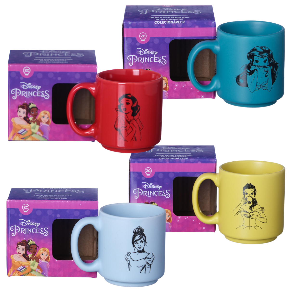 Kit 04 Mini Caneca Princesas Ariel Branca Neve Bella Cinderela Colecionável Empilhável 100ml