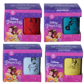 Kit 04 Mini Caneca Princesas Ariel Branca Neve Bella Cinderela Colecionável Empilhável 100ml