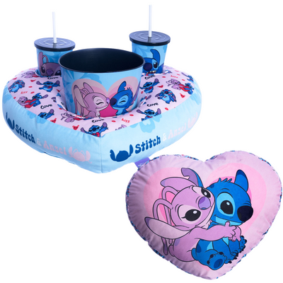 Kit Almofada Porta Pipoca Balde e Copos e Almofada Formato Coração Stitch e Angel