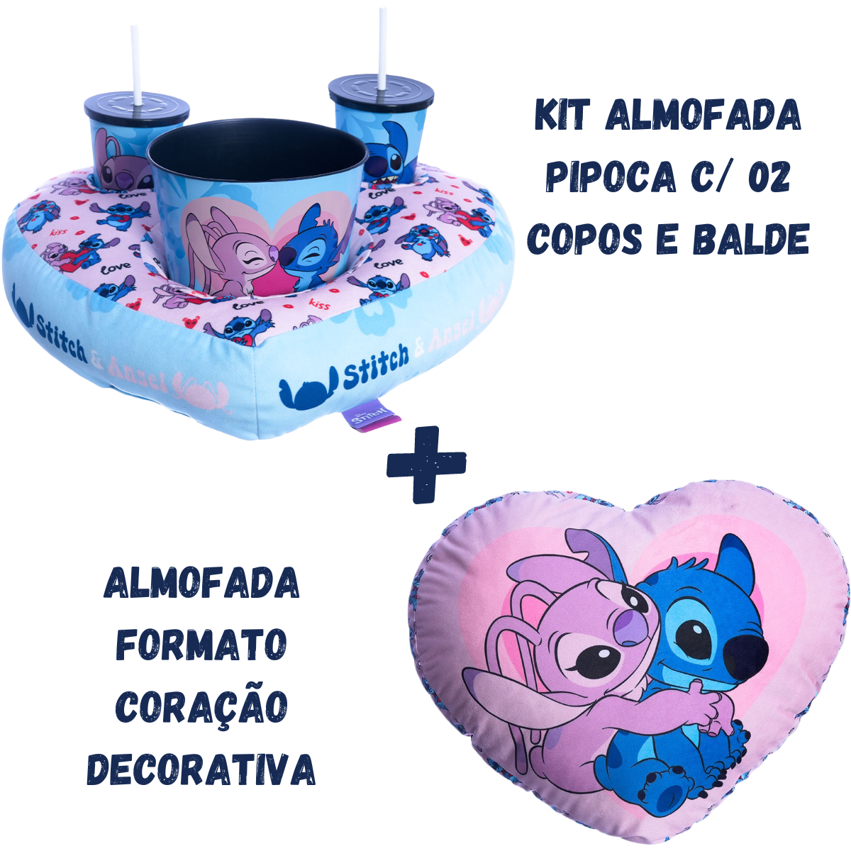 Kit Almofada Porta Pipoca Balde e Copos e Almofada Formato Coração Stitch e Angel