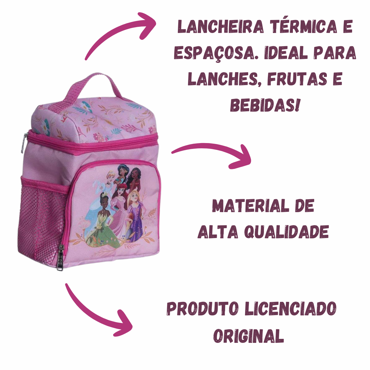 Lancheira Princesas Térmica Infantil com Alça e Bolso