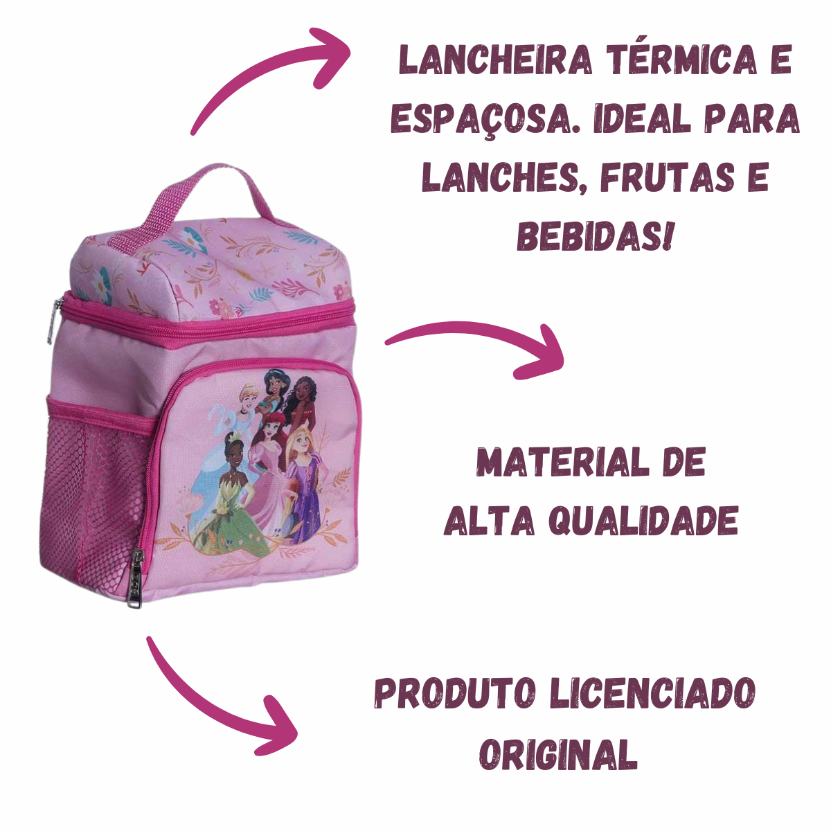 Lancheira Térmica Princesas com Alça Mão e Bolso