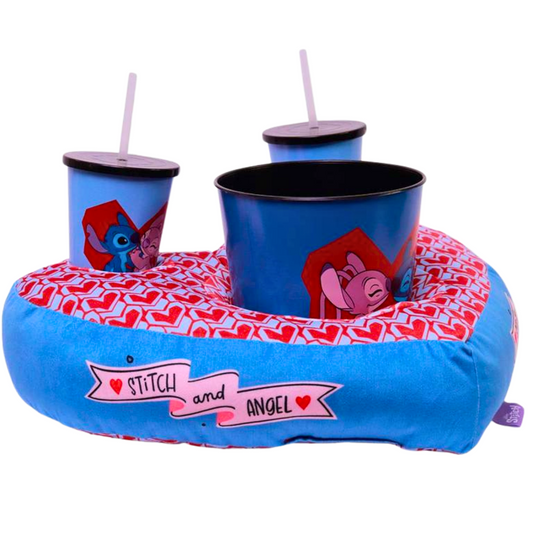Almofada Porta Pipoca com Copos e Balde Stitch e Angel – Tema Namorados Coração