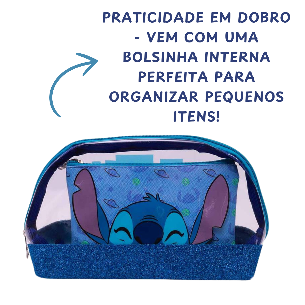 Necessaire Stitch 2 em 1 – Bolsa Transparente Glitter Azul + Bolsa Interna com Estampa Stitch