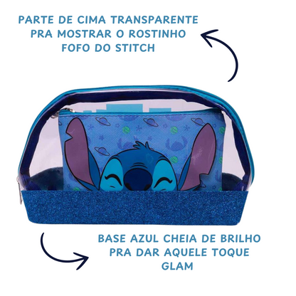Necessaire Stitch 2 em 1 – Bolsa Transparente Glitter Azul + Bolsa Interna com Estampa Stitch