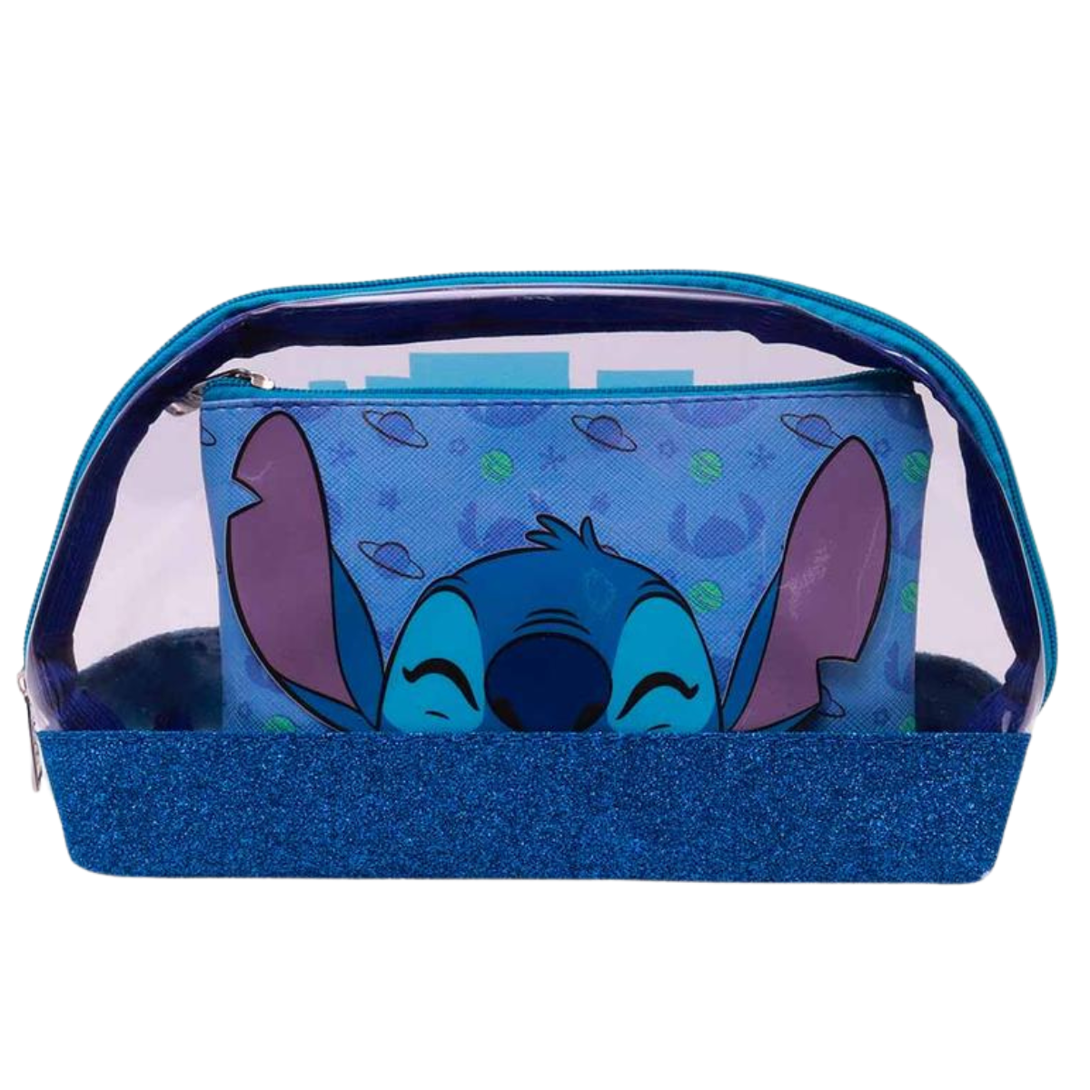 Necessaire Stitch 2 em 1 – Bolsa Transparente Glitter Azul + Bolsa Interna com Estampa Stitch