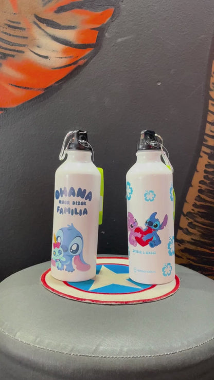 Garrafa de Alumínio Stitch 500ml com Mosquetão – Design Exclusivo Ohana e Estampa Licenciada