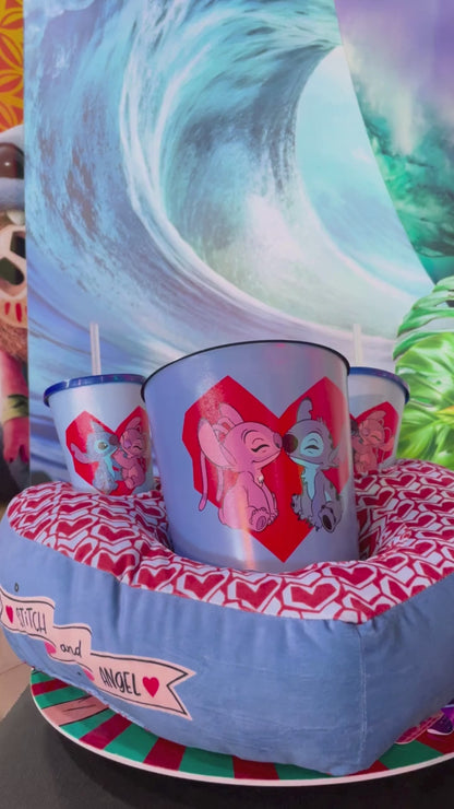 Almofada Porta Pipoca com Copos e Balde Stitch e Angel – Tema Namorados Coração